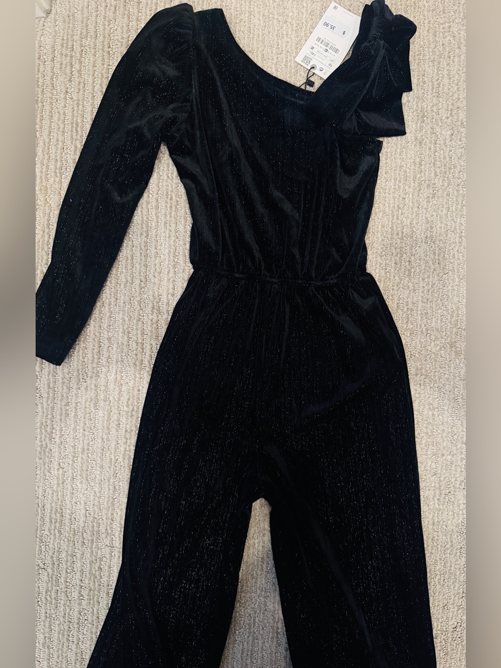 Zara Kids Black Sparkle One-Shoulder Velvet Jumpsuit